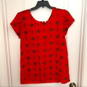 Red Blouse with Ruffle Cap Sleeve